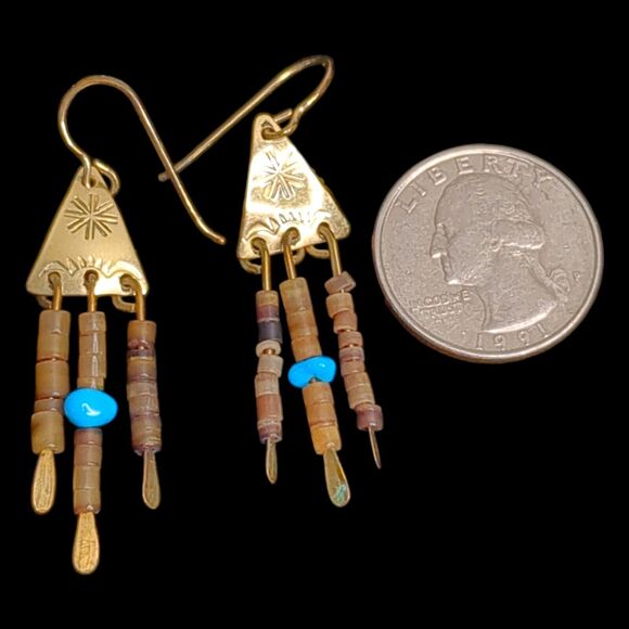 Vtg Natural Turquoise Gold Tone Beaded Triangle Star Hook Dangle Southwestern 2" - Picture 2 of 3